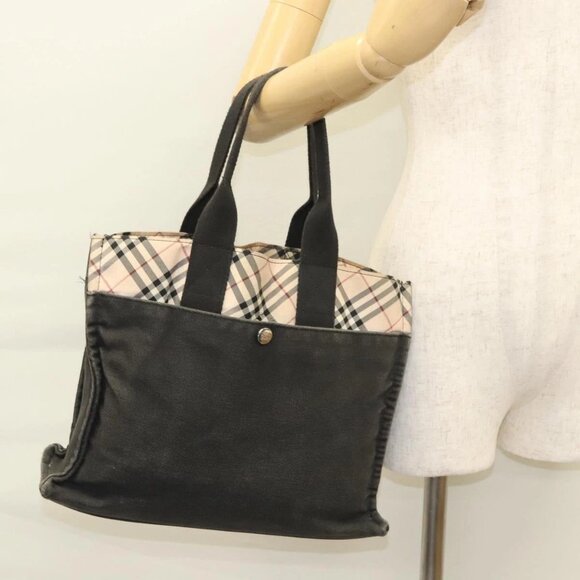 BURBERRY Nova Check Blue Label Hand Bag Canvas Nylon Black Beige Auth - Picture 1 of 16